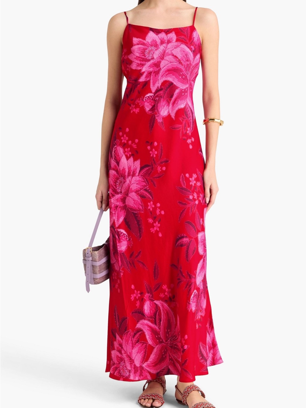 FARM Rio Red Maxi Slip Dress with Pink Floral Print
